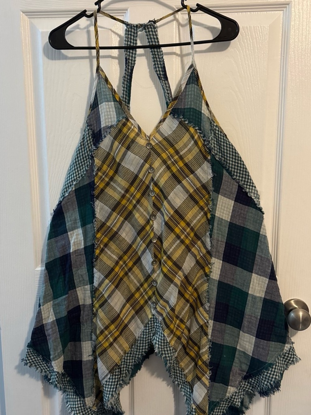 POL Plaid Patchwork Halter Dress in Yellow and Green